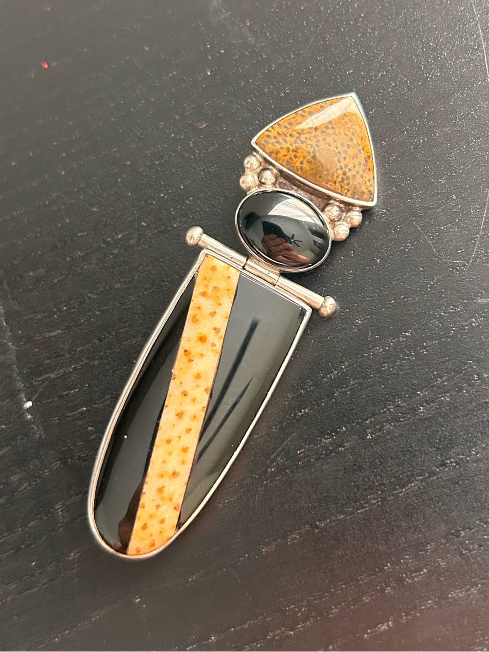 DARLA NORDSTROM Sterling Silver Black Onyx and Amber Inlay Pendant & Brooch Pin